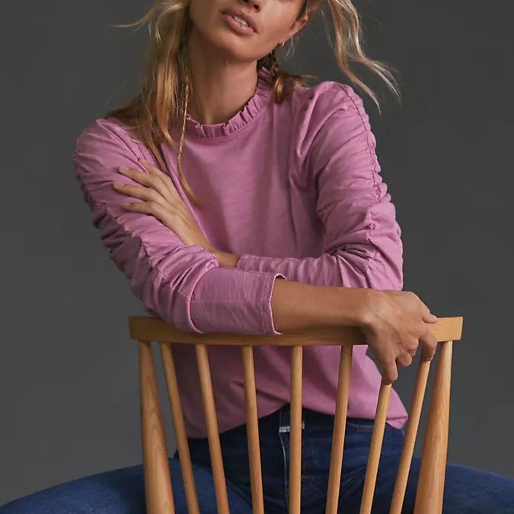Maeve Anthropologie Ruched Long-Sleeve Top Ruffle-Neck Women’s Small Pink